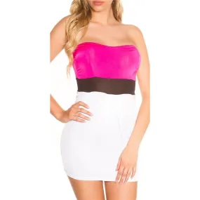 Trägerloses Minikleid gerafft Multicolor Pink-Weiß